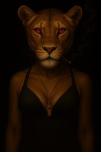Anthropomorphic lioness with red eyes, wearing a black dress and gold whistle, exuding confidence and elegance.