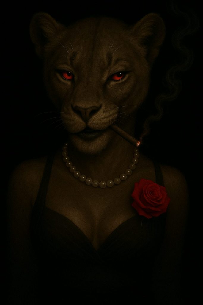 Semi-realistic digital painting of a sassy female lion with piercing red eyes, wearing a black gown and holding a cigarette, exuding confidence and elegance.